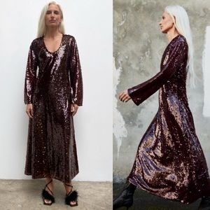 Zara Sequin Maroon Burgundy Long Sleeve Maxi Dress Women’s Size Small
